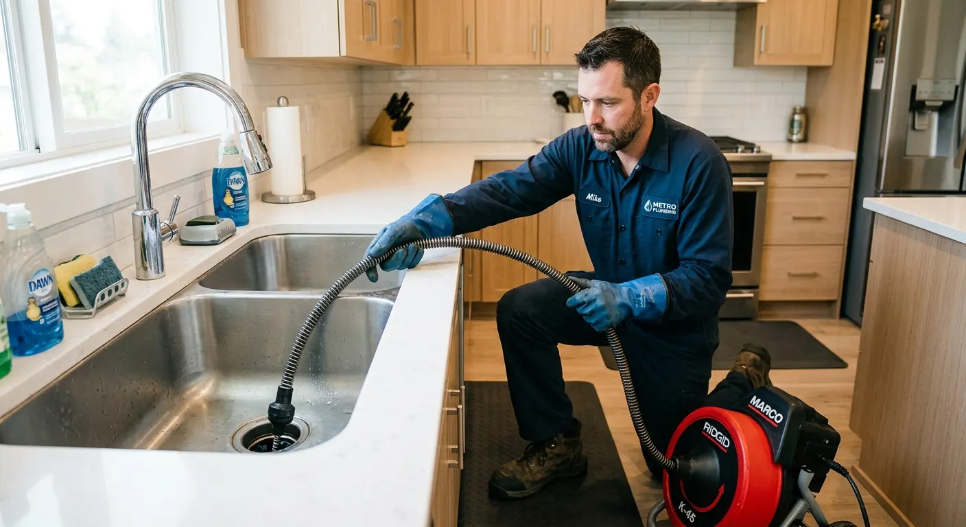 Drain cleaning technician using a motorized snake on a kitchen sink in Olivehurst