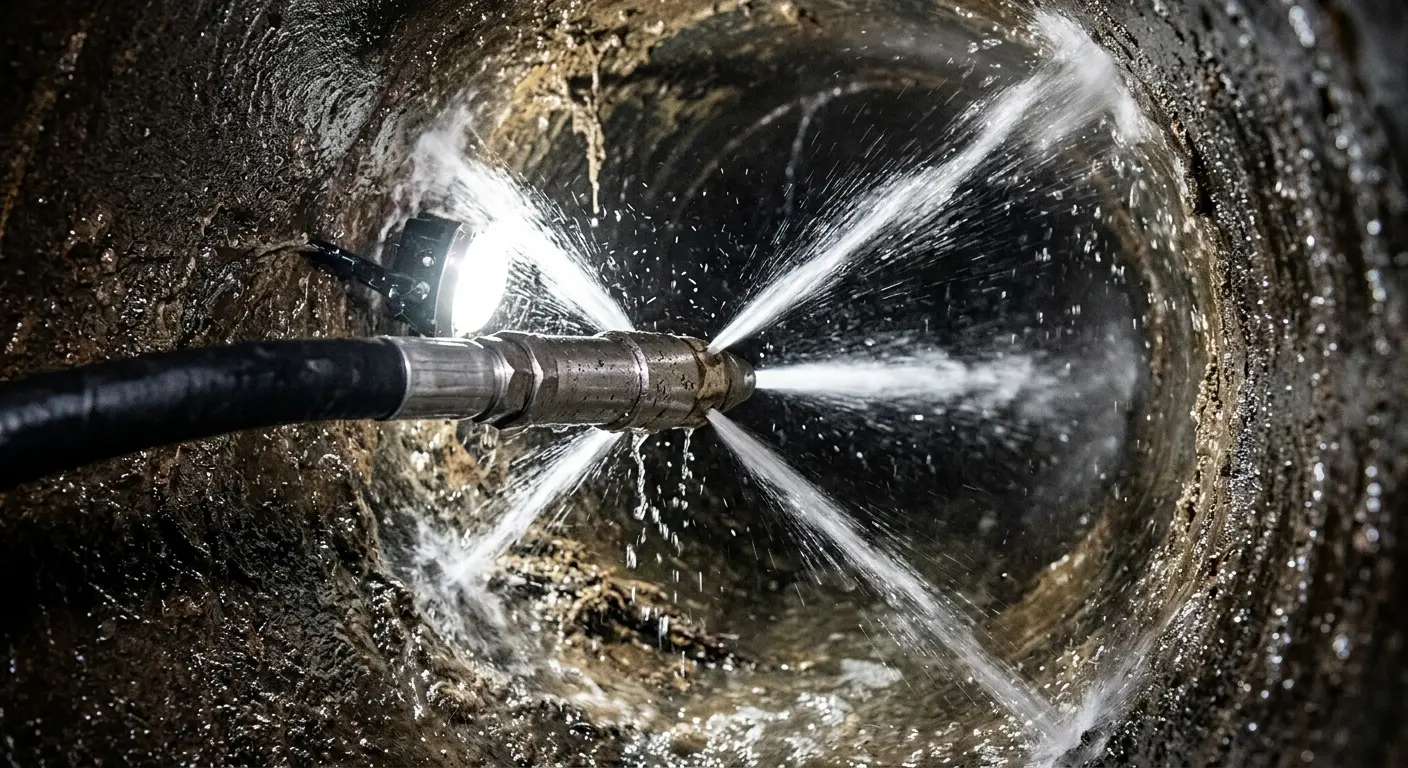 High-pressure hydro jetting nozzle cleaning sewer pipe for Sewer Cleanout in Olivehurst