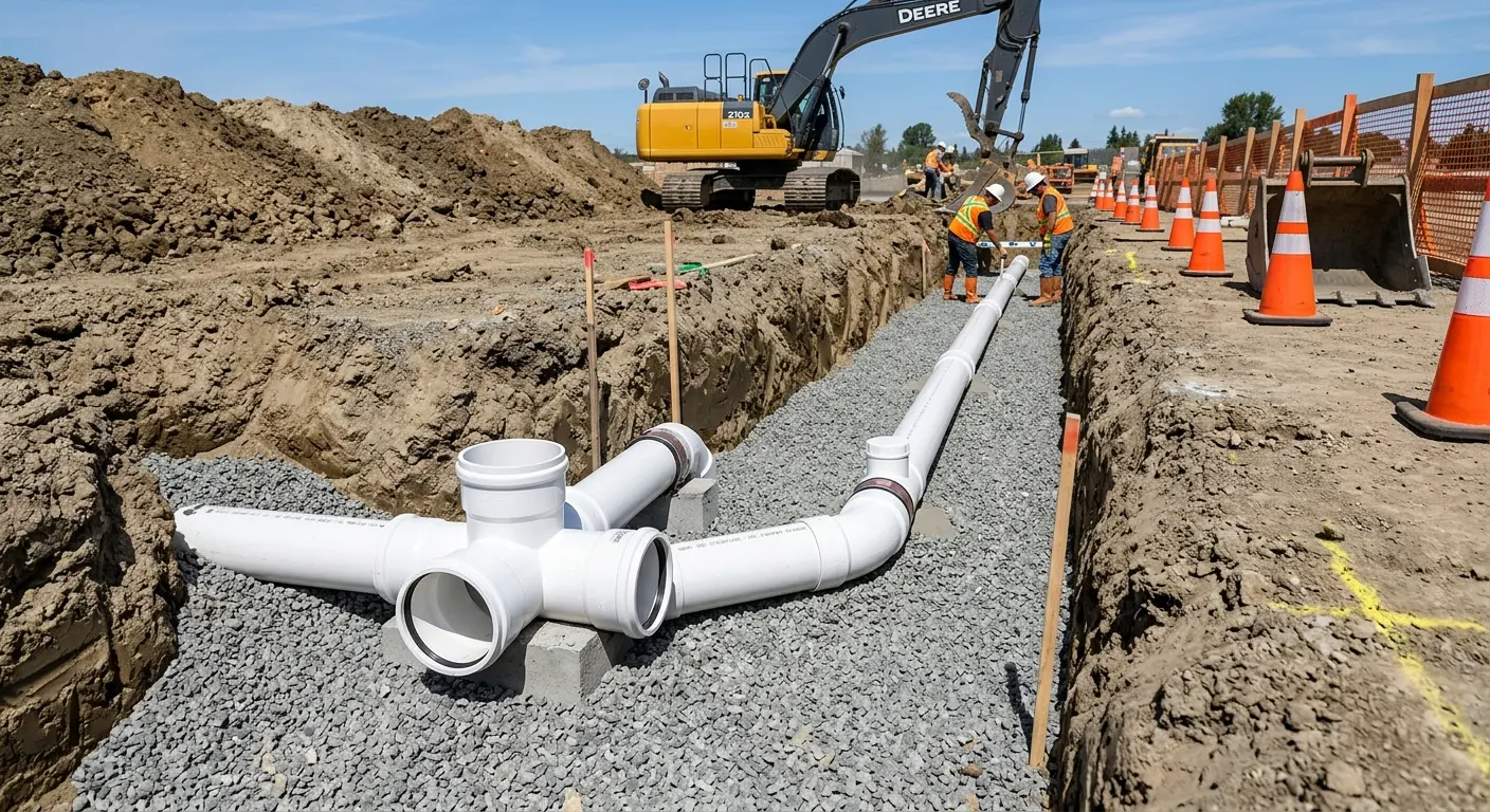 New PVC sewer pipe installation in open trench for Sewer Backup in Olivehurst