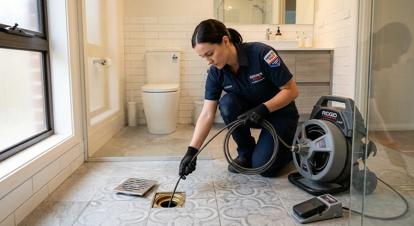 Technician clearing a bathroom floor drain for Drain Cleaning in Olivehurst
